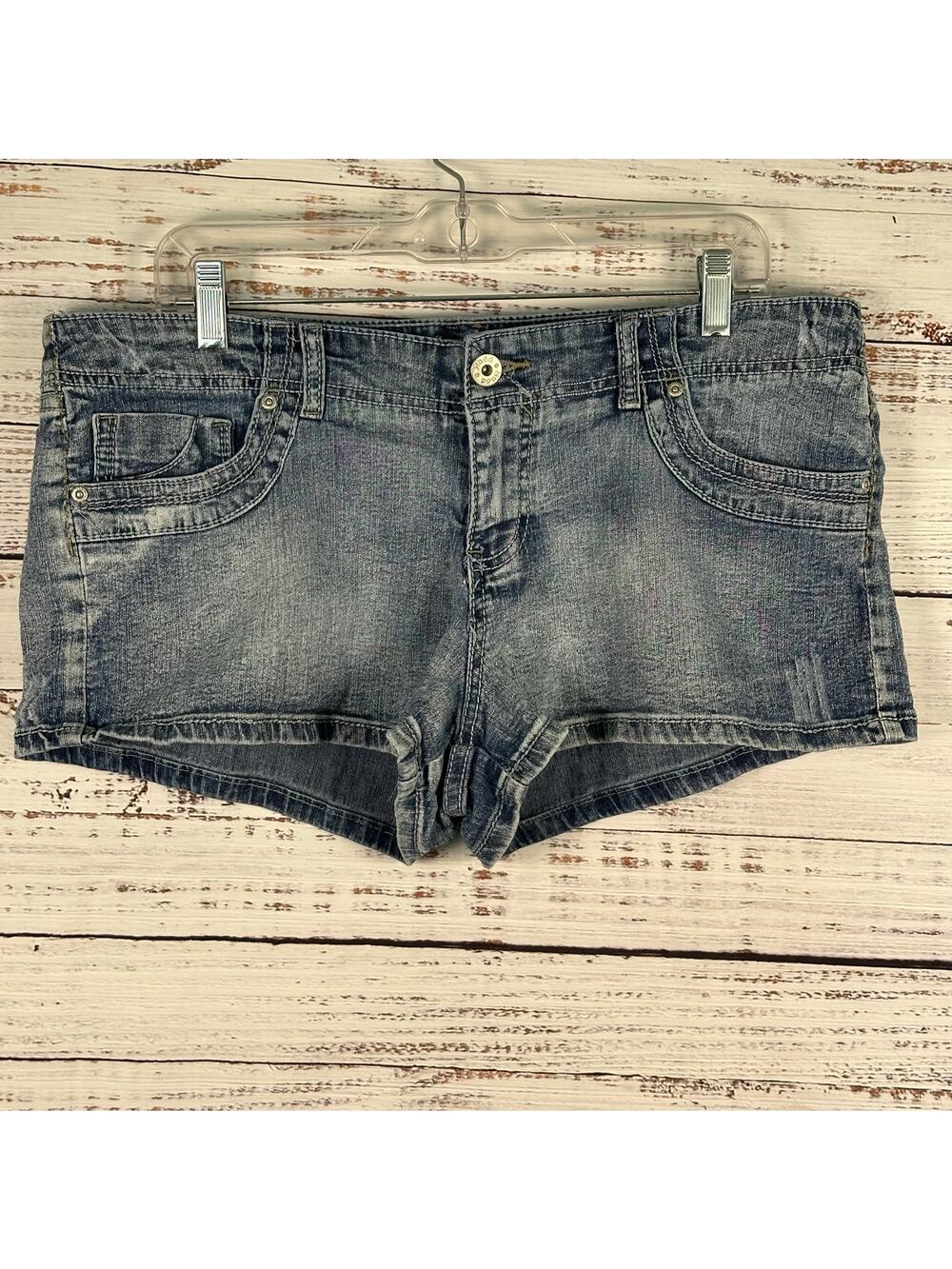 Womens Y2K MUDD Micro Mini Denim Shorts Low Rise Distressed Booty Pockets Sz 17